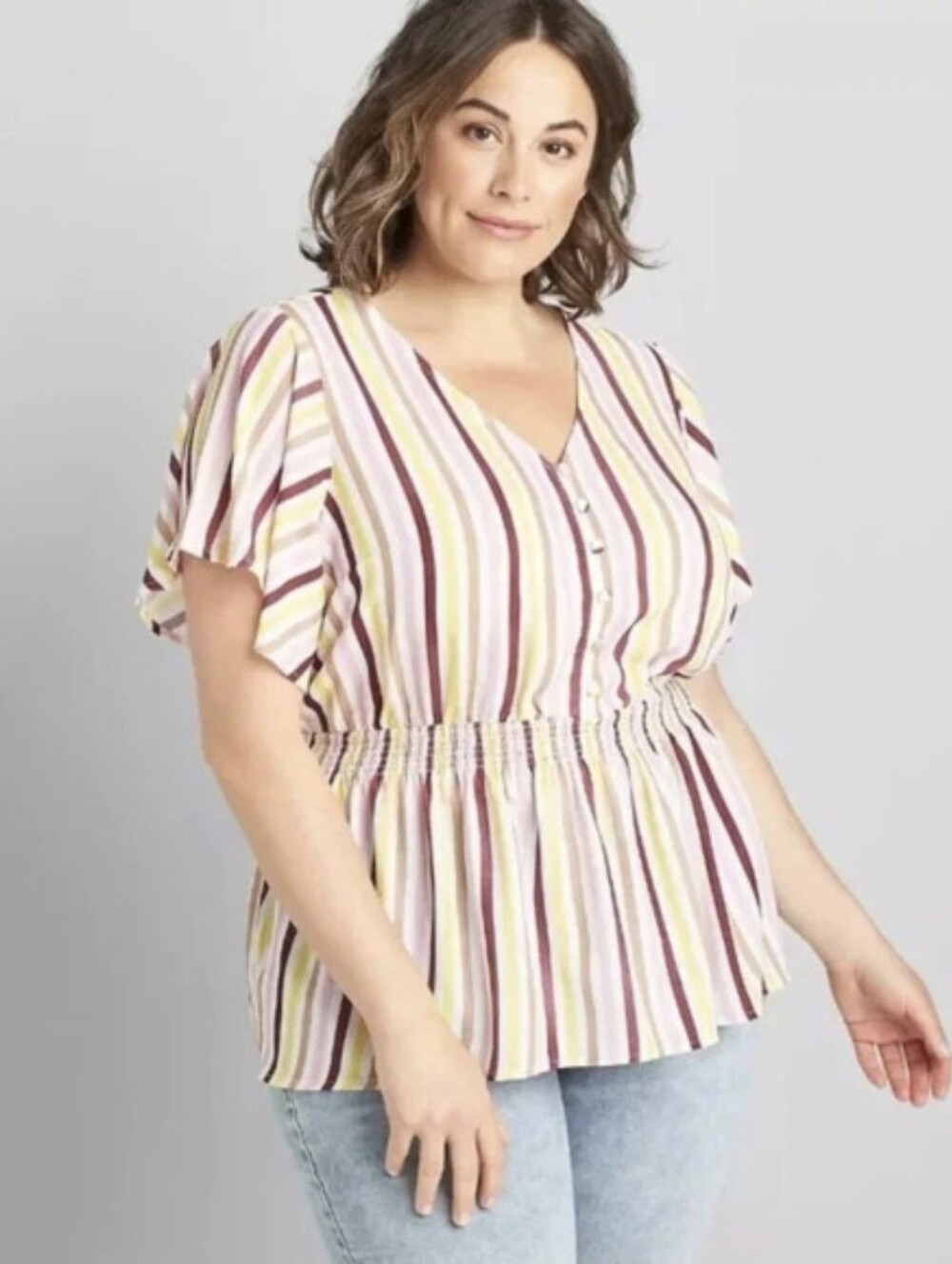 Lane Bryant Striped V-Neck Peplum Top in Pink, Cream & Yellow